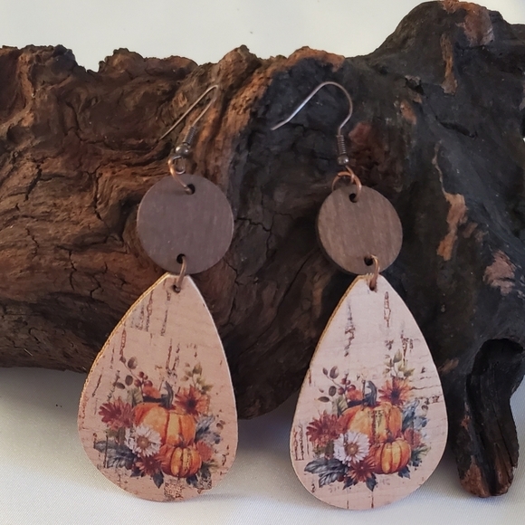 No Brand Jewelry - New Fall Earrings Floral Pumpkin Print Cork And Wood Teardrop Lightweight Dangle
